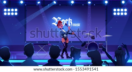 Singer on stage performing rock music concert. Woman singing song on scene with microphone, people fans watching show with live instruments, equipment and illumination. Cartoon vector illustration