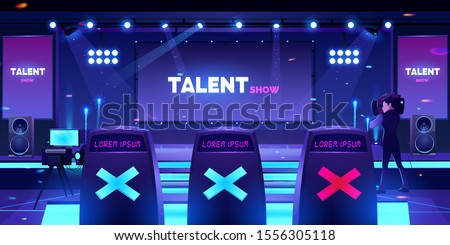 Talent show stage with jury chairs rear view, empty scene with neon spotlights illumination, huge screen and video operator with camera for recording television competition Cartoon vector illustration