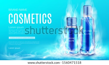 Cosmetics bottles in dry ice smoke cloud mockup background. Cooling beauty cosmetic product tubes, makeup remover, cream or tonic advertising promo poster. Realistic 3d vector illustration, banner.