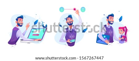 Man sitting at laptop with web page on screen make online order, businessman moving slider switch button for adjustable price or budget money limits, teacher and schoolgirl Cartoon vector illustration