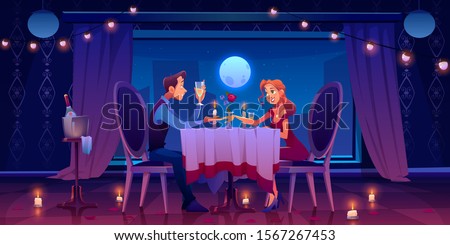 Couple romantic date dinner, man holding woman hand sitting at served table in dark room at window with view of moon in night sky drinking champagne, candles, flower petals Cartoon vector illustration 商業照片 © 