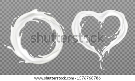 Milk splash frames round and heart set, yogurt or dairy drink product circle shape border with white spray droplets, dynamic motion isolated on transparent background. Realistic 3d vector Illustration