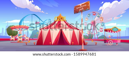 Amusement carnival park with circus tent, ferris wheel, roller coaster, merry-go-round carousel and candy cotton booth Festive fair and recreation entertainment attractions Cartoon vector illustration 商業照片 © 