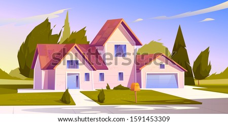 Suburban house, residential cottage, real estate countryside building exterior. Two storey dwelling place with garage. Home facade with garden and green lawn in front yard. Cartoon vector illustration