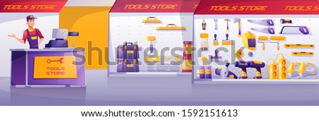 Tools store, hardware construction shop interior with salesman stand on counter desk presenting showcases with diy instruments on shelves for carpentry and building works Cartoon vector illustration