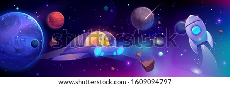 Alien flying in space ship. Cute extraterrestrial monster with green skin driving UFO in outer cosmos with stars, planets and asteroids. Rocket engine fly in universe. Cartoon vector illustration