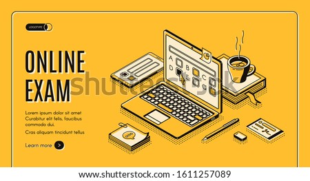 Online exam isometric web banner. Laptop with test questions on screen. Computer app for student examination with questionnaire form, distant education task. 3d vector landing page in line art style