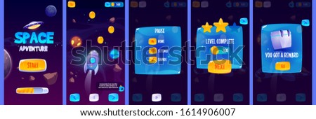 Graphic user interface for space adventure game. Vector set of gui app screens with glossy menu buttons and icons, panel with pause and reward, start banner and futuristic background with rocket