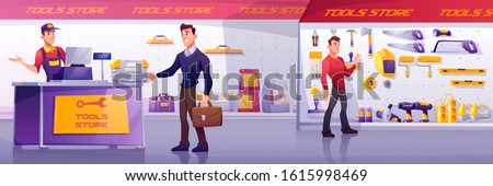 Customers and salesman in tool store. Man buy toolbox at counter. Vector cartoon illustration of shop interior with electric hardware, hand construction instruments and materials on shelves