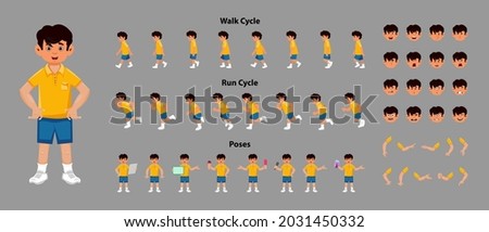 Boy character sprite sheet with walk cycle and run cycle animation sequence. Boy character with different poses 