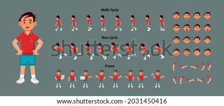 Cute boy character sprite sheet with walk cycle and run cycle animation sequence. Cute boy character with different poses 