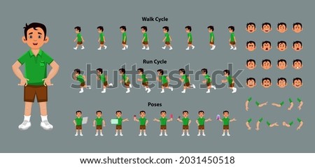 Boy character model sheet with walk cycle and run cycle animation key frames. Boy character with different poses