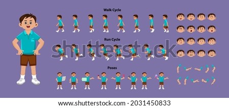 Boy character 2d model sheet with walk cycle and run cycle animation sprites sheet. Boy character with different poses