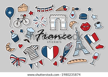 set of of France stickers. French doodles isolated on grey background. Good for prints, icons, logos, posters, cards, etc. Bastille day theme. EPS 10