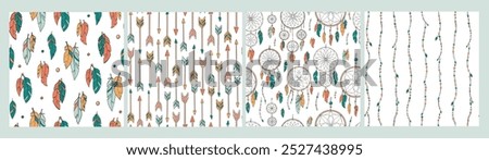 Nursery seamless patterns collection with doodles of feathers, arrows, dream catchers, beads, etc. Good for textile prints, wallpaper, stationery, wrapping paper, etc. EPS 10