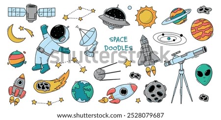 Outer space doodles collection, cartoon elements clipart for nursery stickers, prints, cards, signs, apparel decor, stationery, etc. EPS 10