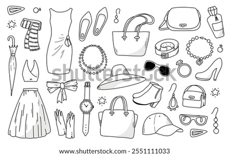 Clothes and accessorize doodles set, fashion collection for prints, social media decor, banners, signs, cards, stickers, planners, etc. EPS 10