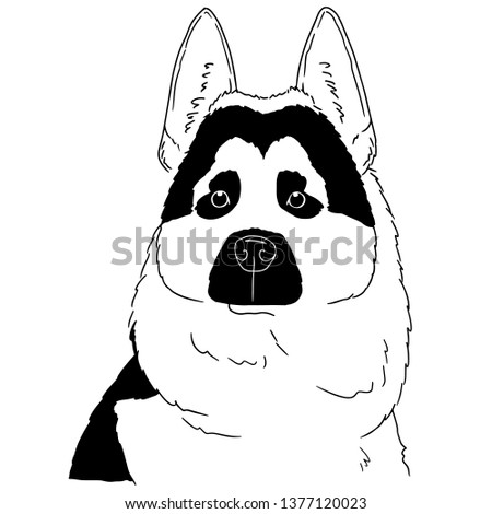 Black and white dog illustration isolated on white background. Vector hand drawn logo of German Shepherd. Animal portrait by free hand. Sketch of dog.