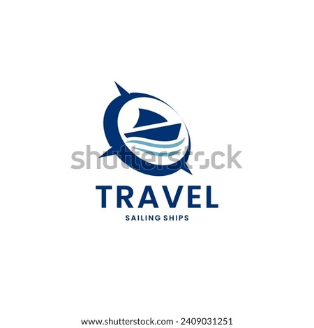 Sailing Ship Travel, Combined Compass And Ship Of Become One Concept, Illustration Vector Minimalist Logo Design