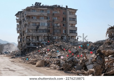 Similar – Image, Stock Photo View from a destroyed window onto old factory buildings. In this lost place, nature reclaims what was taken from it.