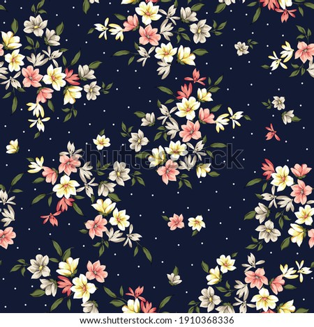 pink yellow and brown small vector flowers with green leaves pattern on navy background