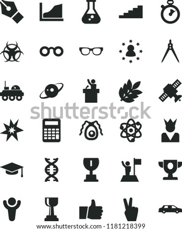 solid black flat icon set thumb up vector, flask, atom, glasses, dna, satellite, bactery, biohazard, graduate hat, calculator, drawing compass, growth graph, saturn, lunar rover, biology, stopwatch