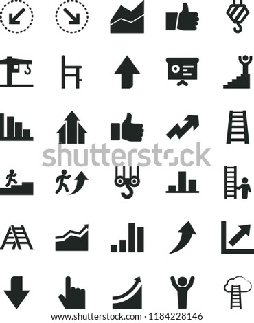 solid black flat icon set upward direction vector, downward, growth up, line chart, positive histogram, a chair for feeding, crane, hook, winch, stepladder, ladder, left bottom arrow, index finger