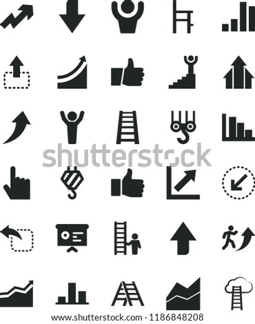 solid black flat icon set upward direction vector, downward, growth up, line chart, positive histogram, a chair for feeding, hook, winch, stepladder, ladder, left bottom arrow, index finger, thumb