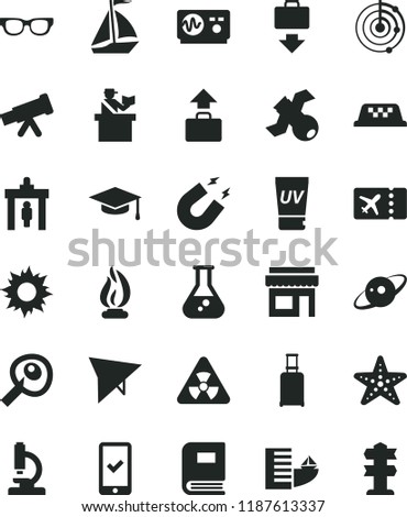 solid black flat icon set flask vector, microscope, telescope, glasses, nuclear, satellite, book, oscilloscope, magnet, flame, graduate hat, artifical insimination, radar, saturn, sail boat, taxi