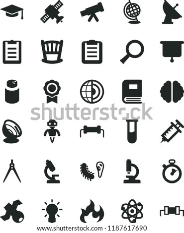 solid black flat icon set cradle vector, powder, test tube, microscope, telescope, atom, zoom, bulb, brain, satellite, bactery, book, globe, flame, graduate hat, clipboard, drawing compass, medal