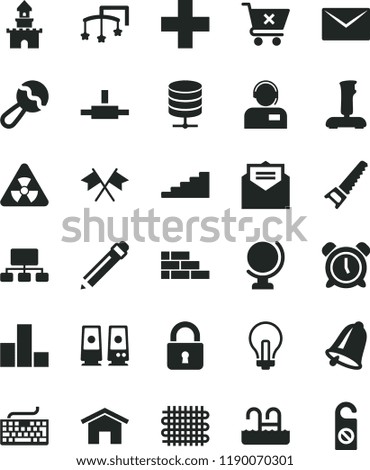 solid black flat icon set incandescent lamp vector, alarm clock, graphite pencil, keyboard, plus, bar chart, toys over the cot, beanbag, brick wall, hand saw, home, bell, envelope, received letter