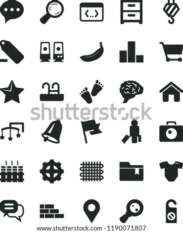 solid black flat icon set remove label vector, bar chart, folder bookmark, toys over the cot, t short, children's tracks, house, brick wall, hook, radiator, bell, star, speech, camera, flag, banana