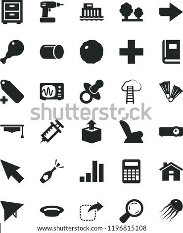 solid black flat icon set house vector, right direction, plus, add label, bedside table, dummy, car child seat, cordless drill, unpacking, move, plate, chicken leg, cabbage, hydroelectric station