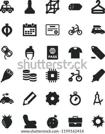solid black flat icon set truck lorry vector, calendar, briefcase, remove label, Baby chair, motor vehicle present, child bicycle, winter hat, hawser, passport, T shirt, hanger, sausage, strawberry