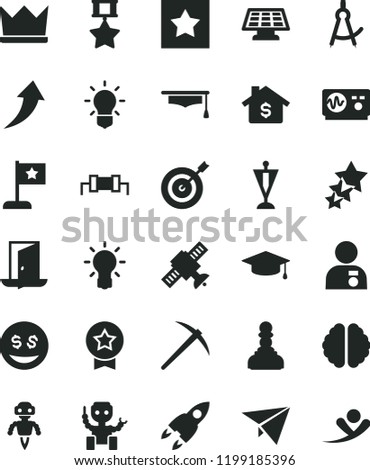 solid black flat icon set bulb vector, brain, satellite, oscilloscope, graduate hat, drawing compass, robot, sun panel, rocket, resistor, pawn, man with medal, star flag, pennant, target, hero