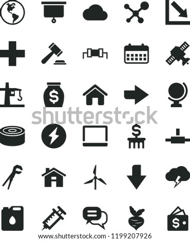 solid black flat icon set house vector, downward direction, right, hammer of a judge, plus, negative chart, adjustable wrench, globe, storm cloud, canned goods, beet, windmill, planet Earth, money