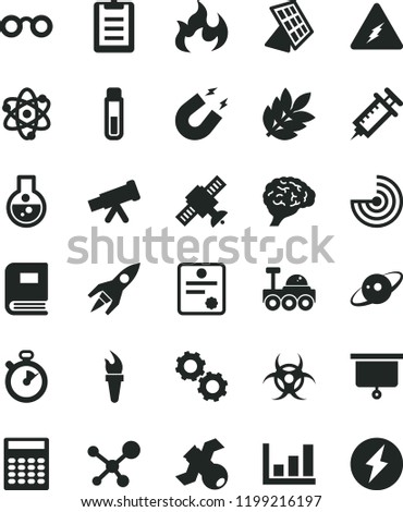 solid black flat icon set flask vector, test tube, telescope, molecule, electricity, atom, glasses, brain, gears, satellite, book, biohazard, magnet, flame, clipboard, calculator, growth graph