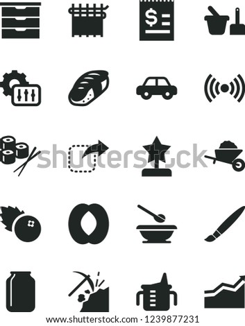 Solid Black Vector Icon Set - tassel vector, storage unit, measuring cup for feeding, motor vehicle, toy sand set, plates and spoons, garden trolley, move right, sushi, blueberries, half peach, jar
