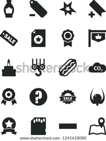 Solid Black Vector Icon Set - add bookmark vector, minus, remove label, question, winch hook, Hot Dog, birthday cake, bottle, physalis, CO2, vintage sign, season sale, sd card, medal, bang, map