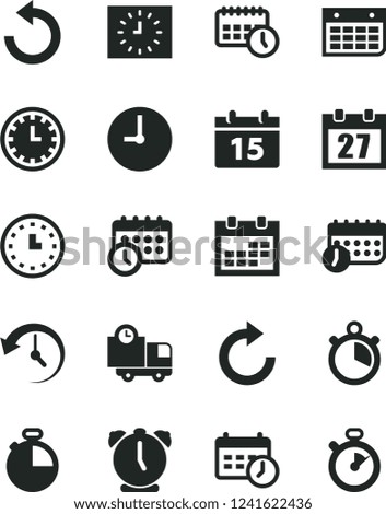 Solid Black Vector Icon Set - daily calendar vector, clock face, clockwise, counterclockwise, wall, alarm, timer, delivery, watch, black, agenda, schedule, history, stopwatch