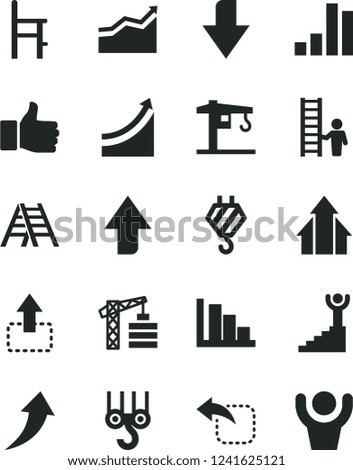 Solid Black Vector Icon Set - upward direction vector, downward, positive histogram, a chair for feeding, crane, tower, hook, winch, ladder, move up, left, bar chart, finger, growth graph, arrow