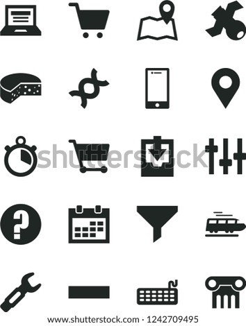 Solid Black Vector Icon Set - laptop vector, calendar, minus, download archive data, question, smartphone, cheese, steel repair key, cart, location, filter, keyboard, dna, settings, satellite, train