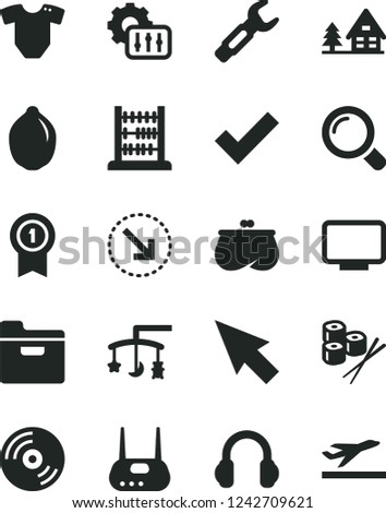 Solid Black Vector Icon Set - check mark vector, toys over the cradle, t short, abacus, magnifier, CD, folder, right bottom arrow, sushi set, lime, steel repair key, purse, monitor, router, settings