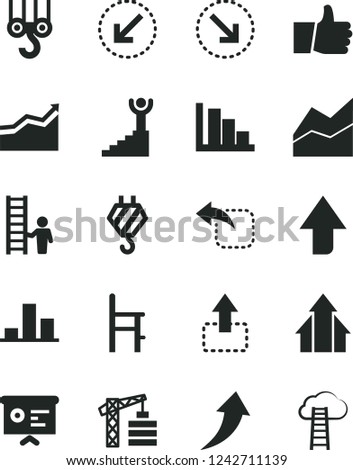 Solid Black Vector Icon Set - upward direction vector, line chart, positive histogram, a chair for feeding, tower crane, hook, winch, left bottom arrow, thumb up, move, right, financial report