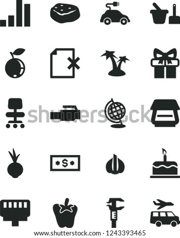 Solid Black Vector Icon Set - toy sand set vector, delete page, cake, piece of meat, peper, beet, blueberry, garlic, electric car, caliper, bar chart, gift, scanner, lan connector, chair, globe