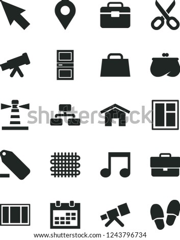 Solid Black Vector Icon Set - scissors vector, calendar, briefcase, remove label, window, frame, portfolio, interroom door, home, flowchart, weaving, lighthouse, location, purse, hand bag, note