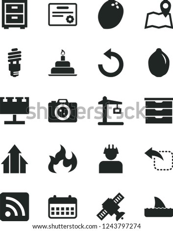 Solid Black Vector Icon Set - counterclockwise vector, bedside table, rss feed, storage unit, birthday cake, move left, lime, coconut, builder, energy saving bulb, Construction crane, calendar, map