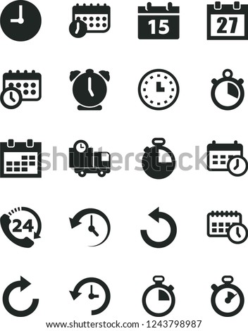 Solid Black Vector Icon Set - daily calendar vector, stopwatch, clockwise, counterclockwise, wall clock, alarm, timer, delivery, 24, watch, agenda, schedule, history