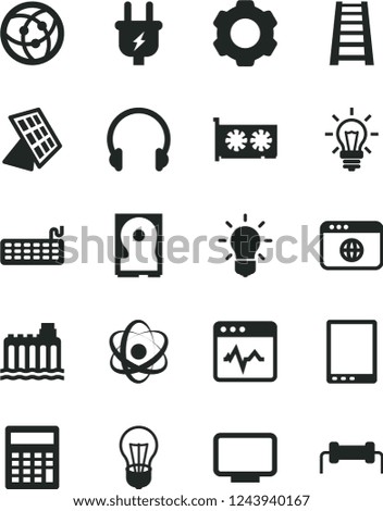 Solid Black Vector Icon Set - calculator vector, stepladder, headphones, cardiogram, bulb, hydroelectricity, plug, light, tablet pc, keyboard, gpu card, monitor, hdd, network, browser, settings