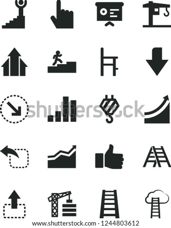 Solid Black Vector Icon Set - downward direction vector, a chair for feeding, crane, tower, hook, stepladder, ladder, index finger, move up, left, right bottom arrow, bar chart, financial report